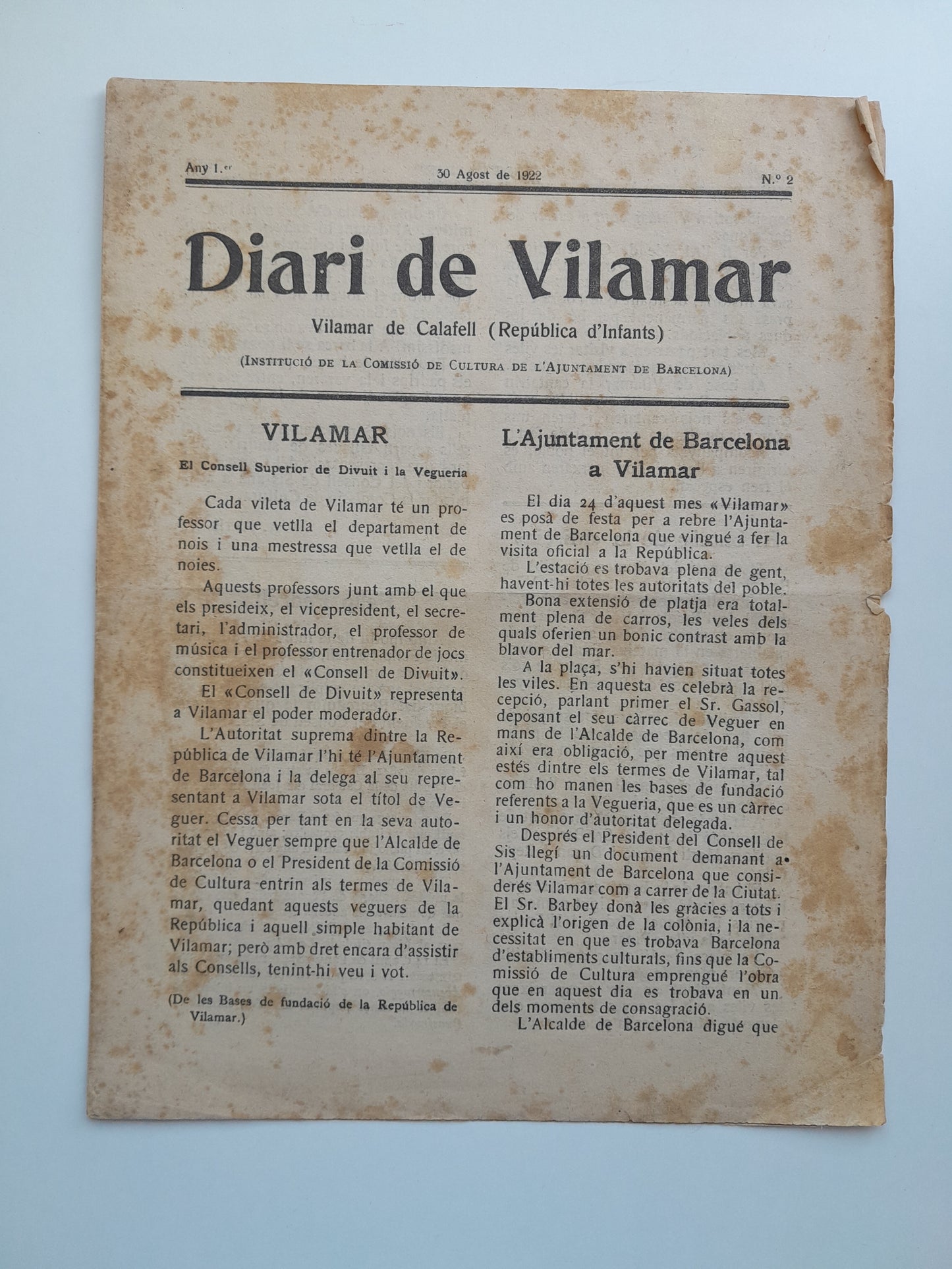 DIARI DE VILAMAR (VILAMAR DE CALAFELL) - ANY 1, NÚM. 2 (30 AGOST 1922)