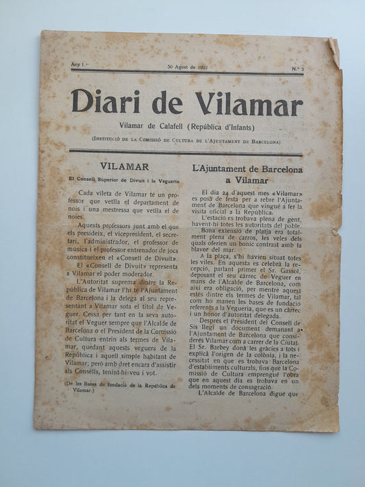 DIARI DE VILAMAR (VILAMAR DE CALAFELL) - ANY 1, NÚM. 2 (30 AGOST 1922)