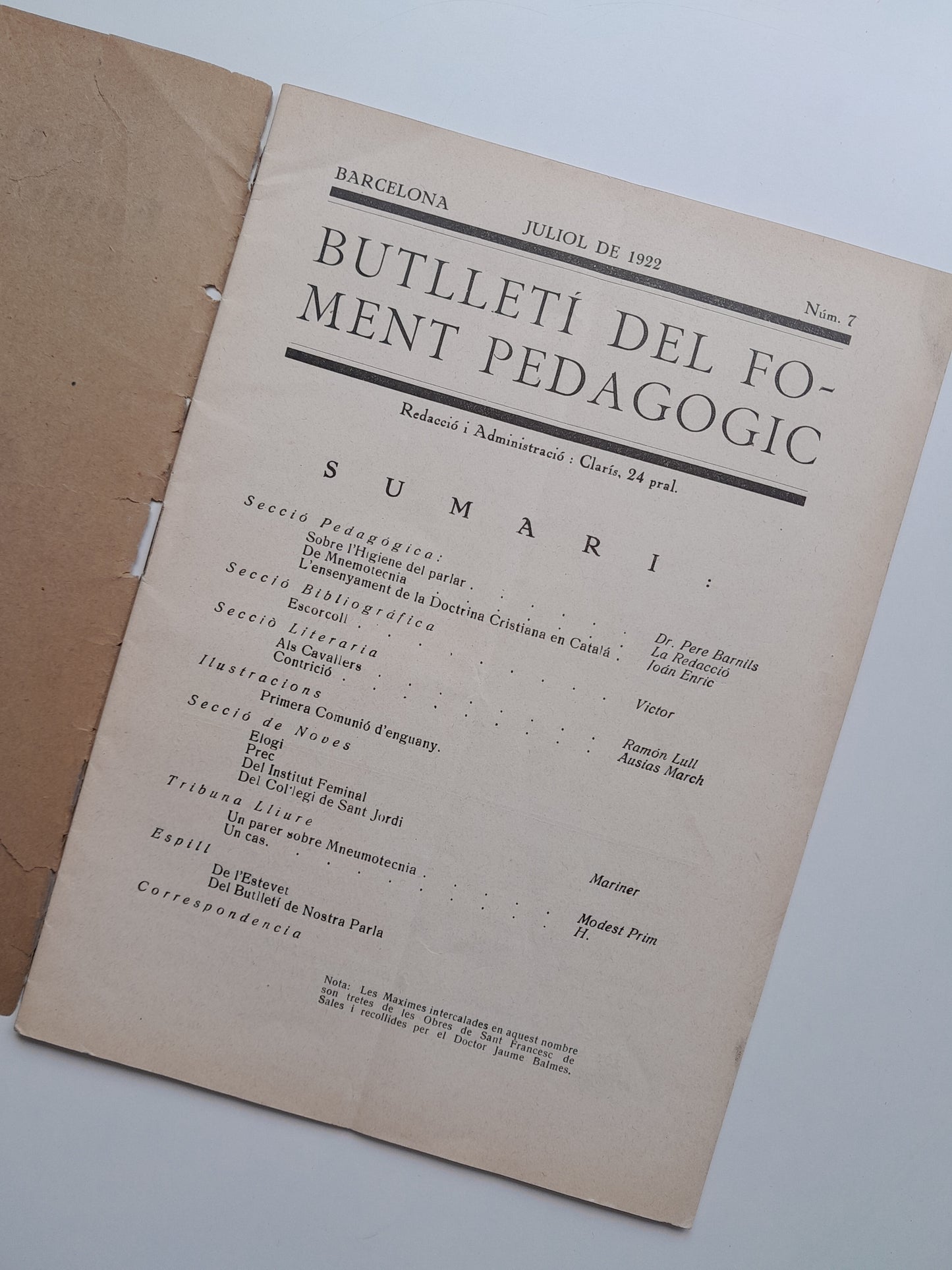 BUTLLETÍ DEL FOMENT PEDAGÒGIC (BARCELONA) - NÚM. 7 (JULIOL 1922)