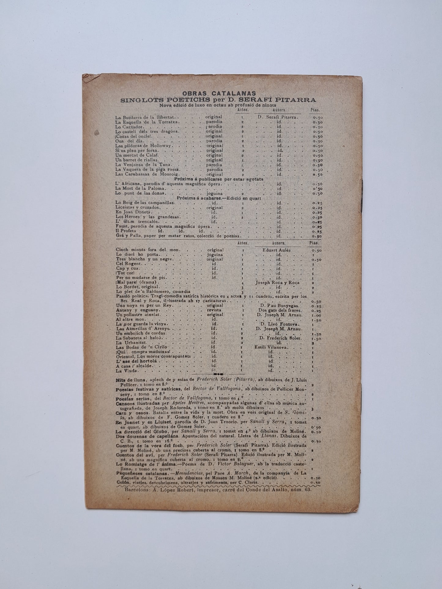 LAS PÍLDORAS DE HOLLOWAY O LA PAU D'ESPANYA - SERAFÍ PITARRA (LIB. ESPANYOLA DE LÓPEZ, c.1890)