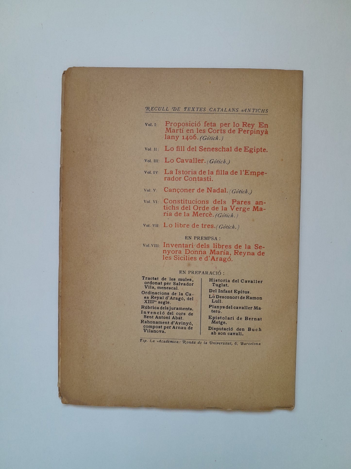 LO LIBRE DE TRES. RECULL DE TEXTOS CATALANS ANTICS (TIP. LA ACADÈMIA, 1907)