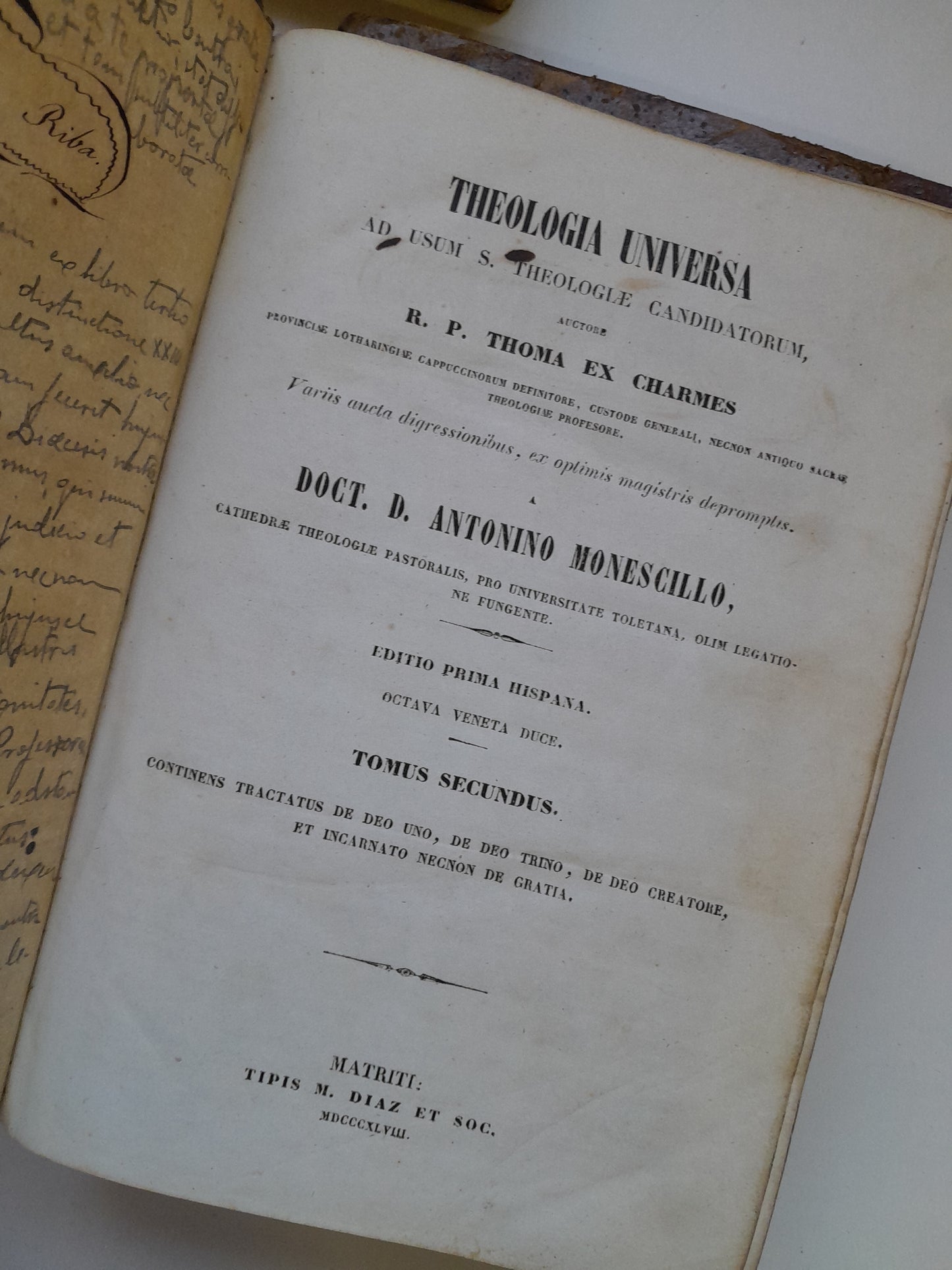 THEOLOGIA UNIVERSA - ANTONINO MONESCILLO (COMPLETA 3 TOMOS) (TIP. M. DIAZ, 1848)