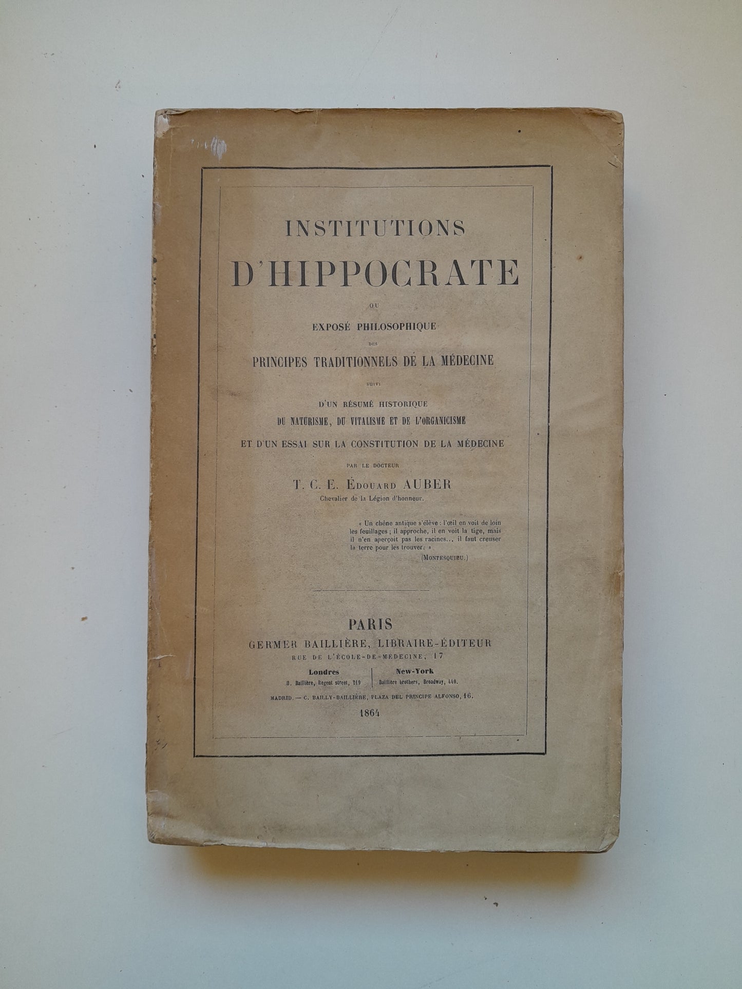 INSTITUTIONS D'HIPPOCRATE - ÉDOUARD AUBER (GERMER BAILLIÈRE, 1864)