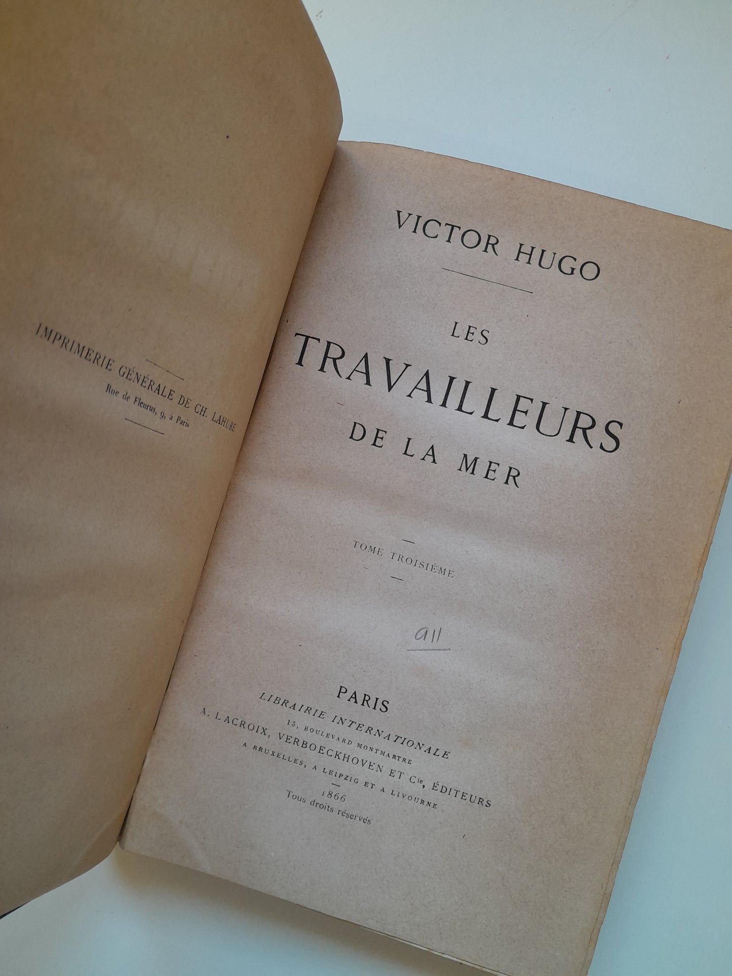 LES TRAVAILLEURS DE LA MER (COMPLETA 3 TOMOS 1ª EDICIÓN) - VICTOR HUGO (A. LACROIX, 1866)