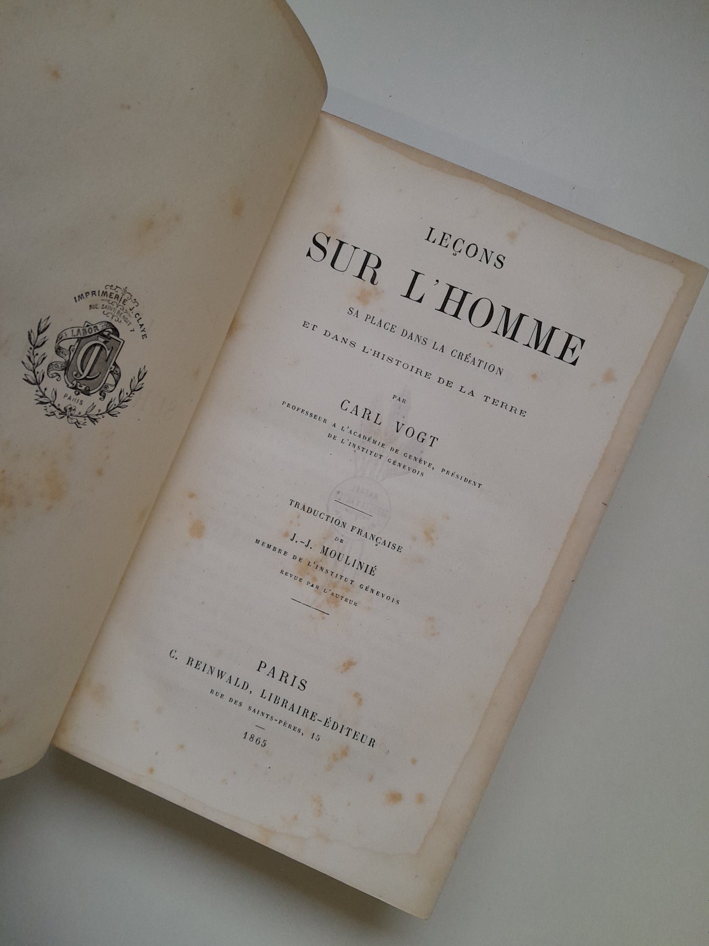 LEÇONS SUR L'HOMME - CARL VOGT (LIB. C. REINWALD, 1865)