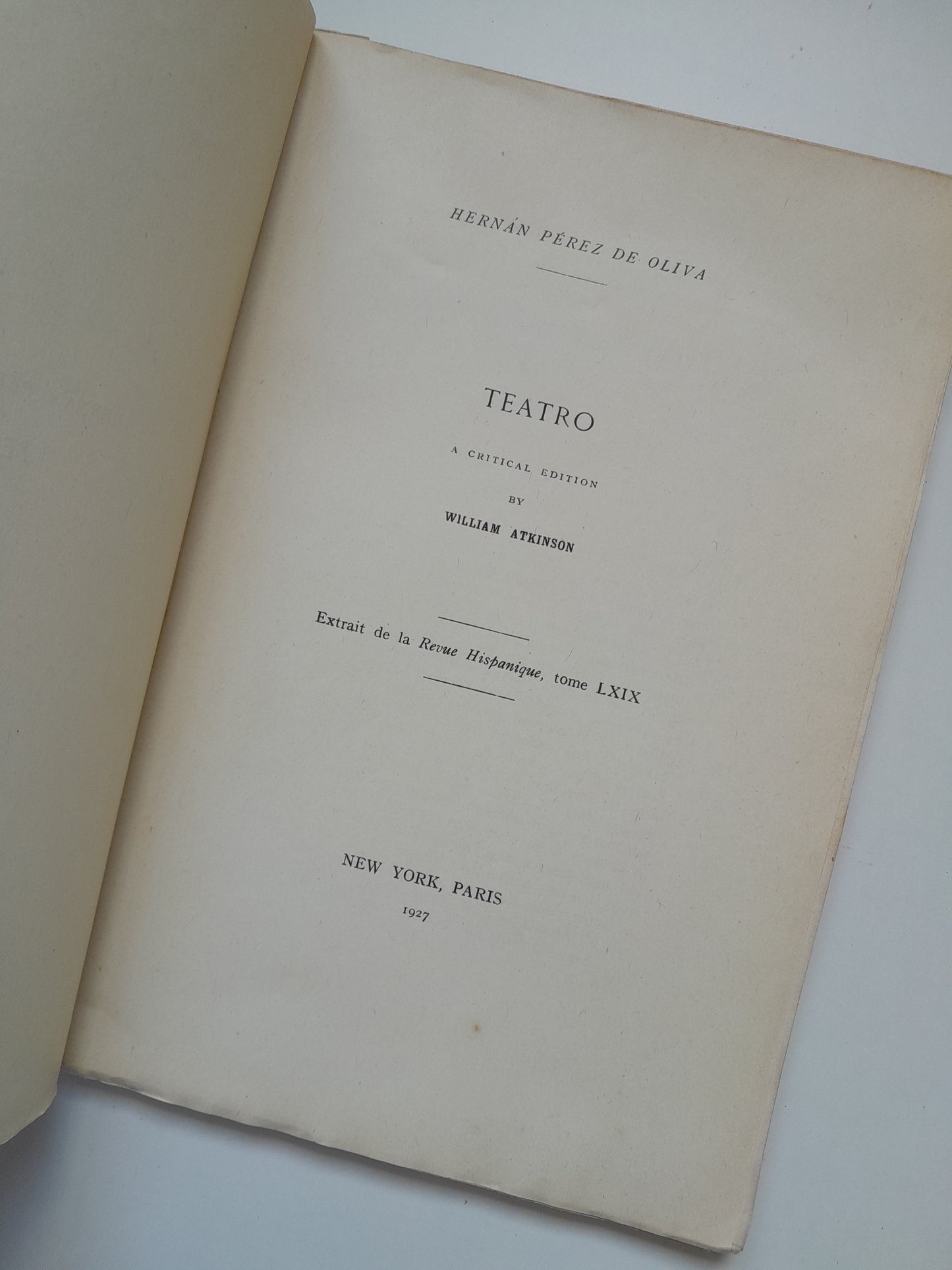 TEATRO - HERNÁN PÉREZ DE OLIVA (REVUE HISPANIQUE, 1927)