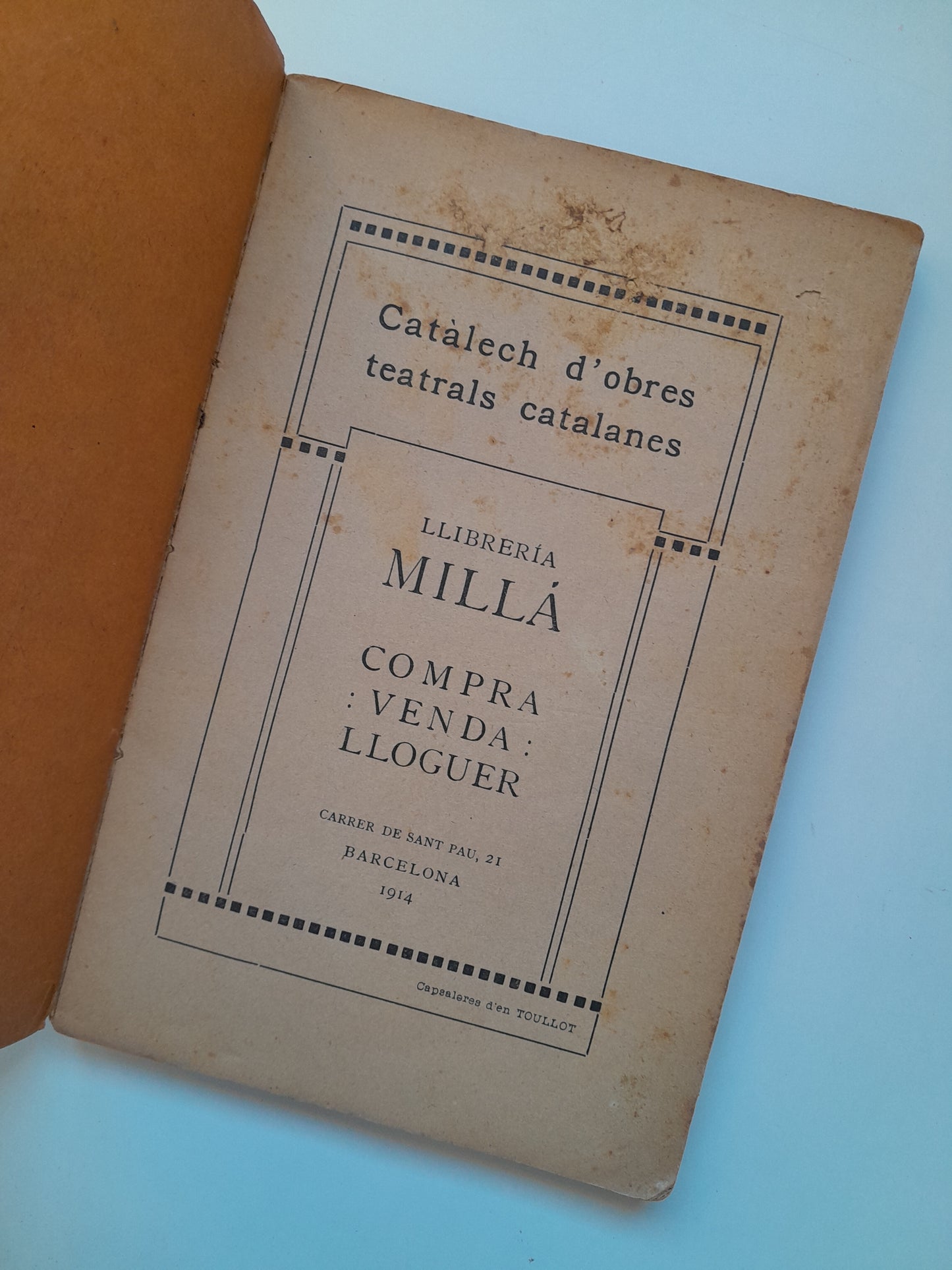 CATÀLEG D'OBRES TEATRALS CATALANES - LLIBRERIA MILLÀ (LIB. MILLÀ, 1914)