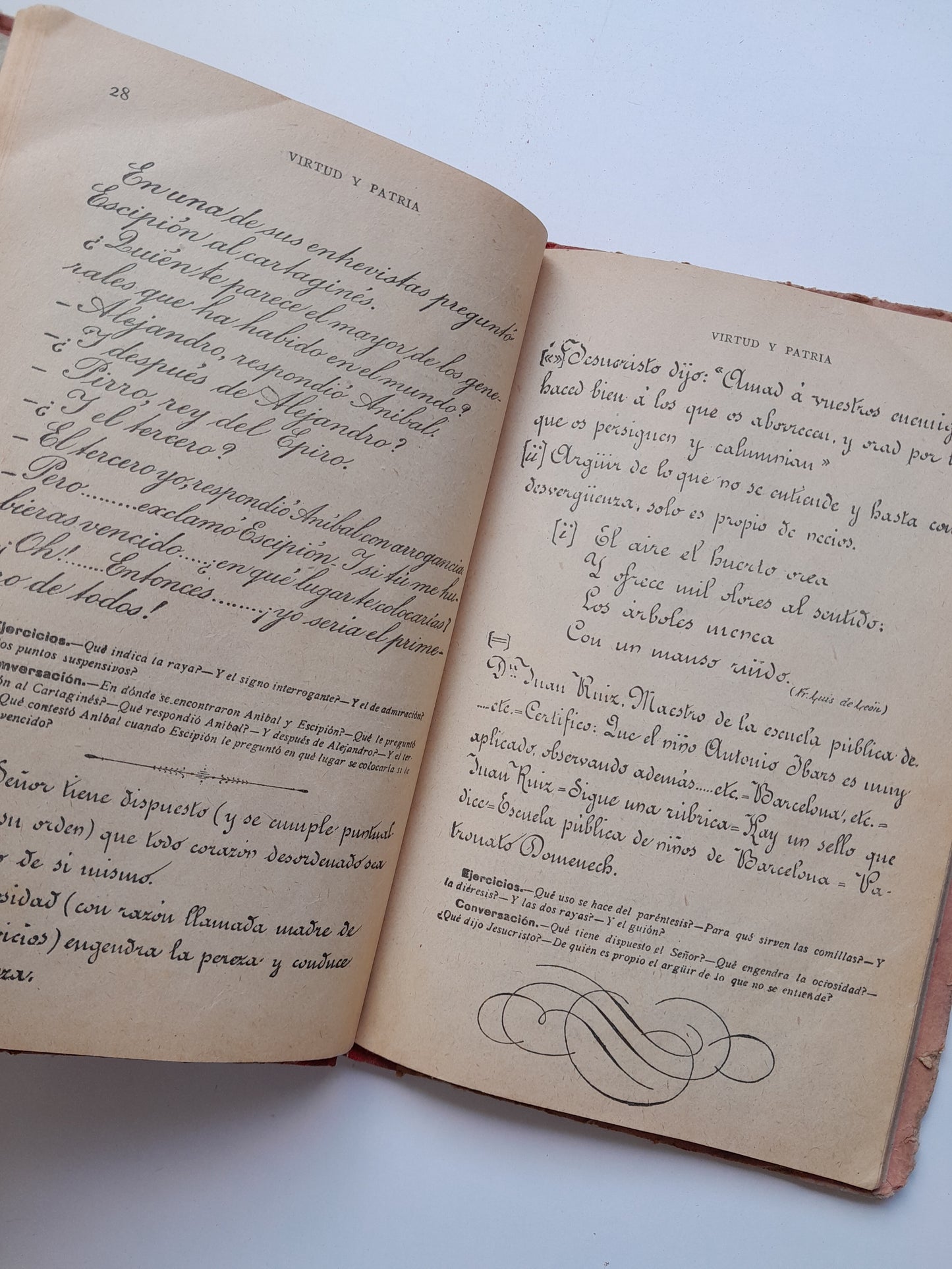 VIRTUD Y PATRIA. PRIMER GRADO DE LECTURA MANUSCRITA - JUAN RUIZ ROMERO Y Mª DE LOS ÁNGELES MUNCUNILL (RUIZ Y FELIU, 1909)