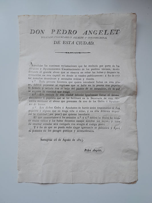 BANDO MUNICIPAL DE TARRAGONA POR EL QUE SE PROHÍBE VENDER UVAS SIN EL CORRESPONDIENTE PERMISO (1823)