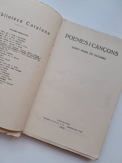 POEMES I CANÇONS - JOSEP MARIA DE SAGARRA (EDITORIAL CATALANA, 1922)