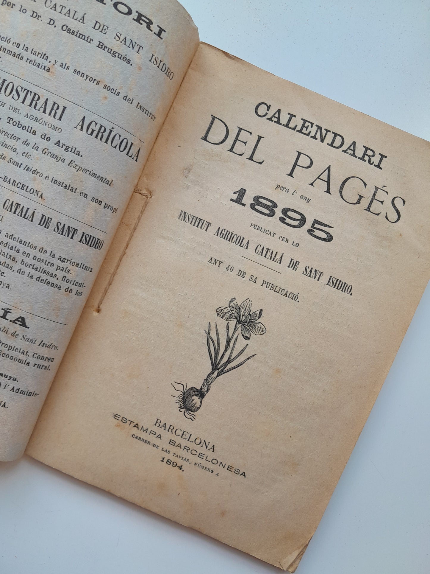 CALENDARI DEL PAGÈS PER L'ANY 1895 - INSTITUT AGRÍCOLA CATALÀ DE SANT ISIDRO (ESTAMPA BARCELONESA, 1894)